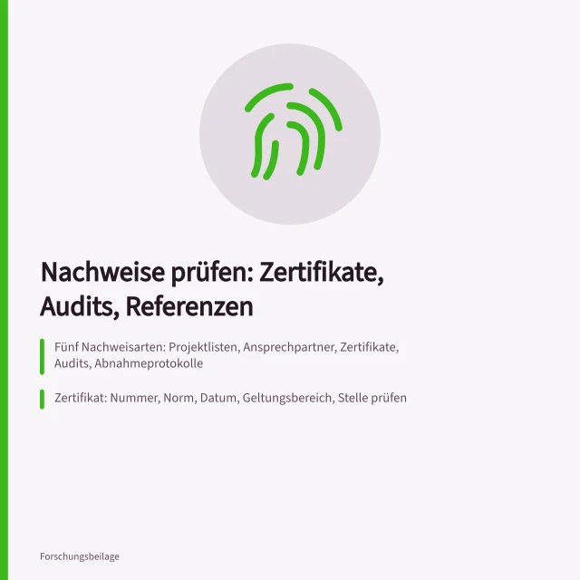 Karte zu Nachweisarten, Zertifikatsprüfung und Bewertungsraster für Lieferanten. Prüfung von Referenzen bei Entwicklungsdienstleistern anhand von Nachweisarten und Relevanz