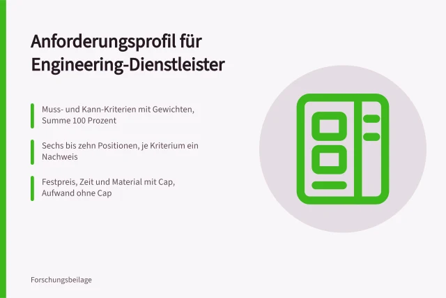 Kriterienraster zur Auswahl von Engineering-Dienstleistern mit Gewichten und Preismodellen. Welche Auswahlkriterien zählen vor der Anfrage an einen Entwicklungsdienstleister?