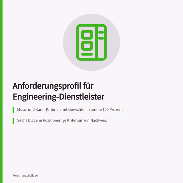 Kriterienraster zur Auswahl von Engineering-Dienstleistern mit Gewichten und Preismodellen. Welche Auswahlkriterien zählen vor der Anfrage an einen Entwicklungsdienstleister?