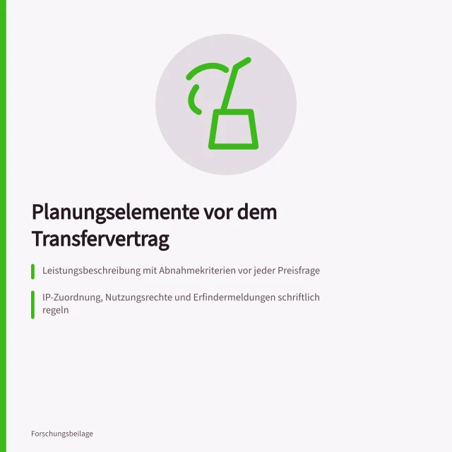 Karte zu Planungselementen vor dem Transfervertrag mit drei Kernpunkten. Welche Planungselemente gehören vor den Transfervertrag?